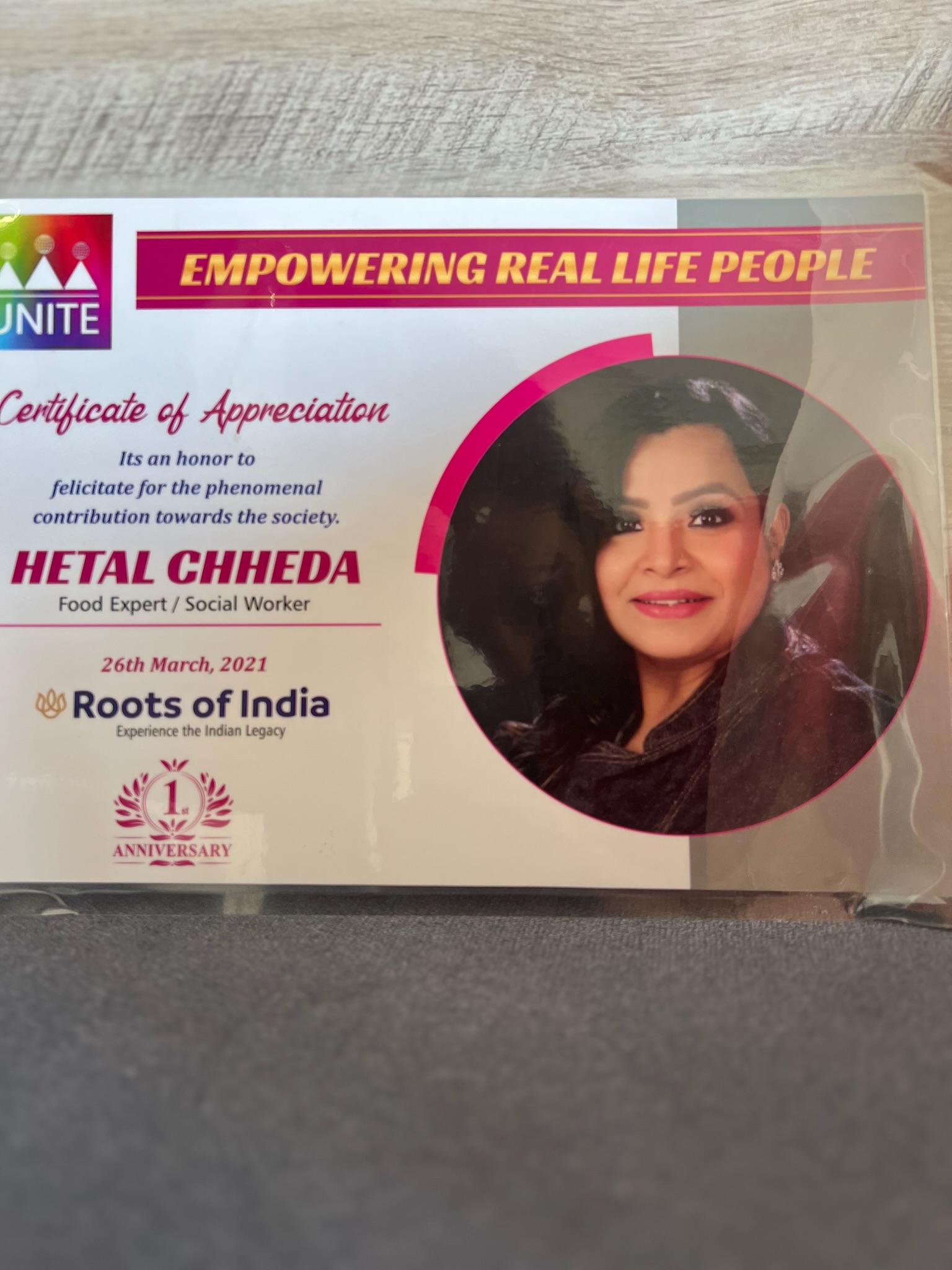 UNITE Certificate of Appreciation presented to Hetal Chheda